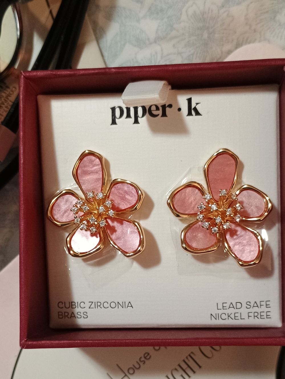 NIB Piper K * Beautiful Pink Enamel Flower Cubic Zirconia Brass Stud Earrings
